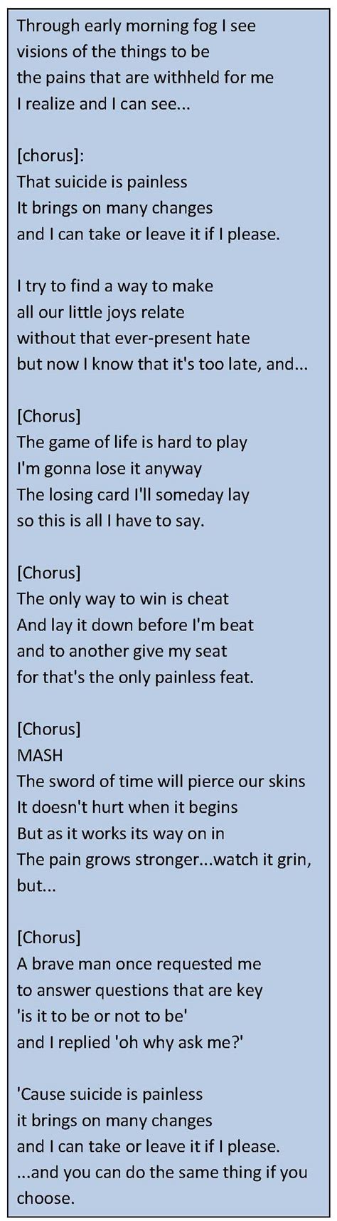Free printable and easy chords for song by Johnny Mandel - Theme From Mash Suicide Is Painless. Chords ratings, diagrams and lyrics. Am D7 Through early morning fog I see G Em visions of the things to 